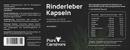 Etikett der PureCarnivore Rinderleberkapseln – 100% grasgefütterte Weiderinder, nährstoffreich, ideal für Haut, Haare und Nägel.