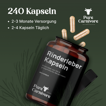 Hochwertige Rinderleberkapseln aus 100% grasgefütterten Weiderindern – natürlich, nährstoffreich und ideal für eine carnivore, paleo- oder ketogene Ernährung.